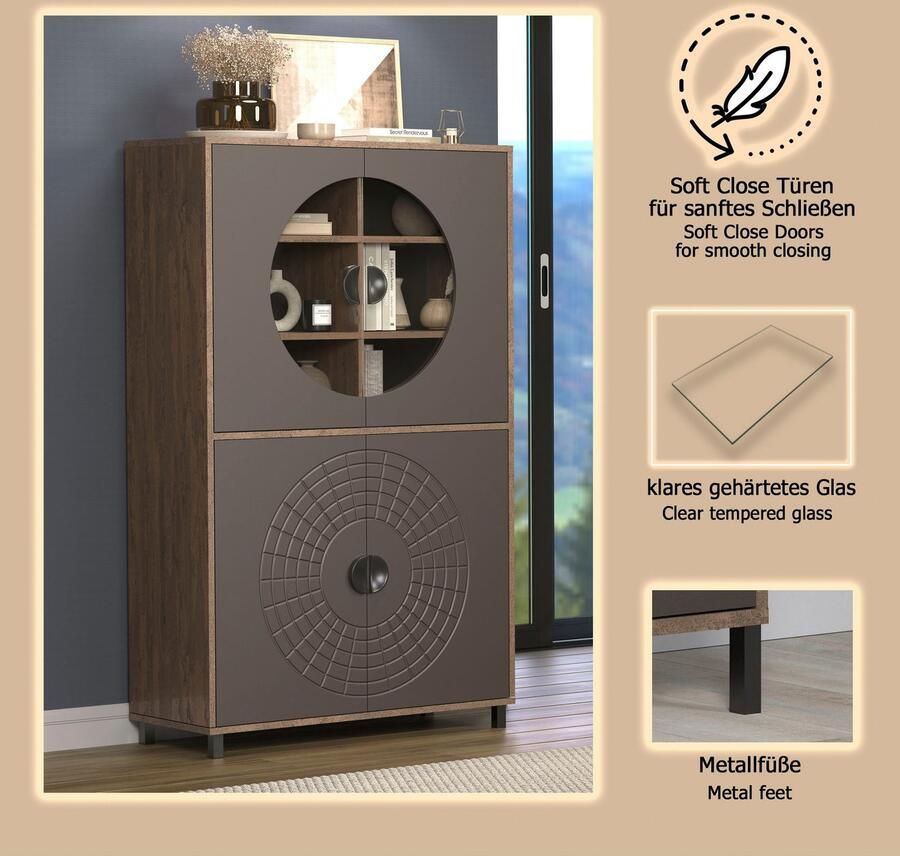 INOSIGN Hoge kast Fusion Vitrine met bijzonder cirkelpatroon huwelijkskast in vintage-look (1 stuk) - Foto 5
