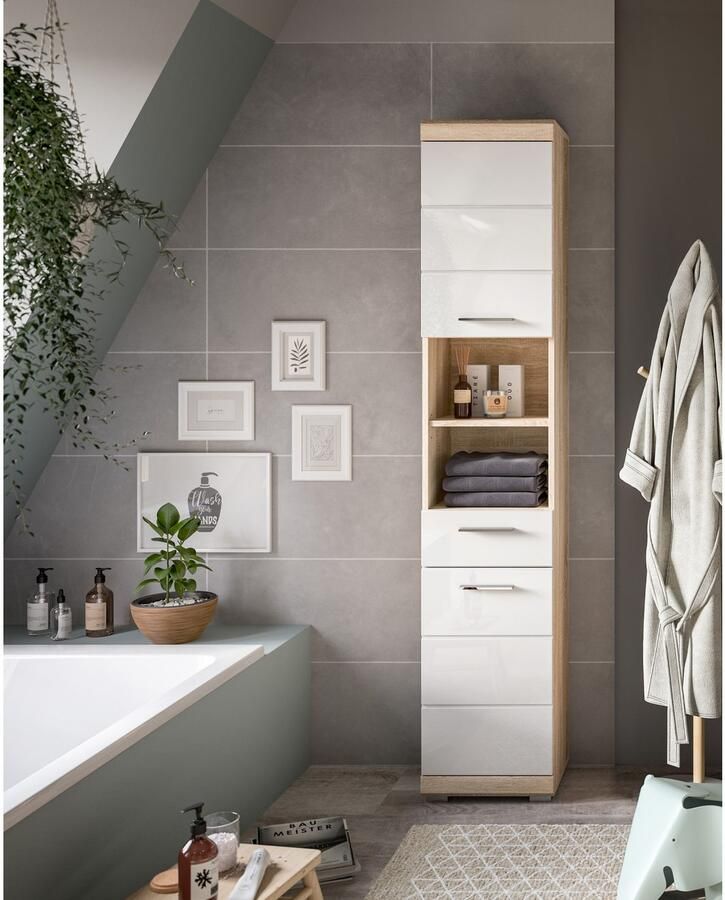 INOSIGN Hoge kast Siena breedte 37 cm 2 deuren 1 lade 2 open vakken MDF-front in verschillende kleuren verkrijgbaar badkamermeubels badkamerkast kast badkamer (1 stuk) - Foto 2