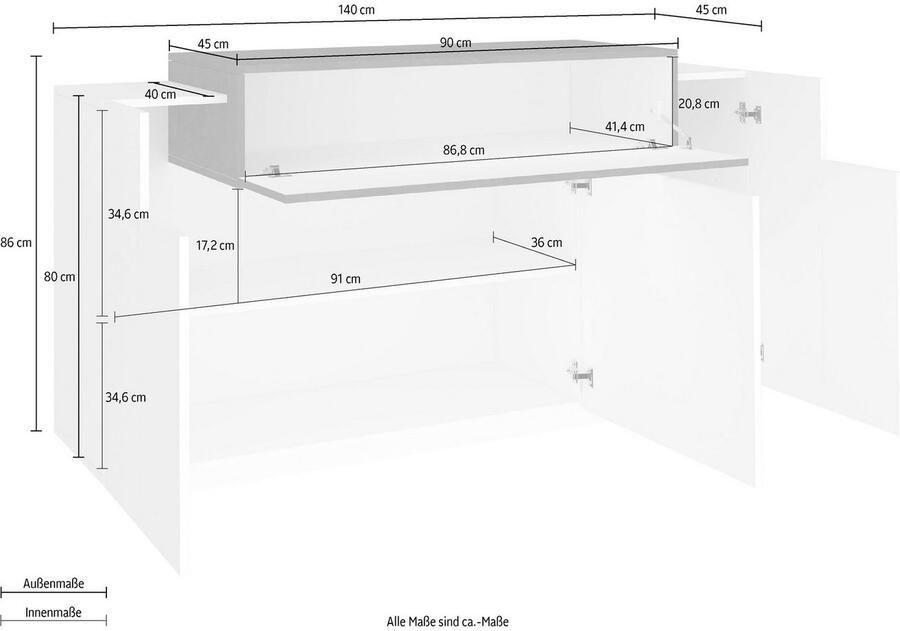 INOSIGN Kast Coro commode kast buffet greeploos 1 klep 3 deuren dubbele diepte hoogglans fronten breedte 140 - Foto 4