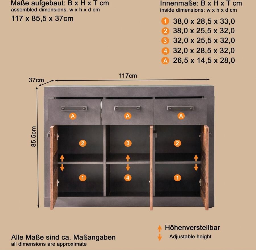 INOSIGN Kast Ilana Multifunctionele kast in moderne industriële stijl Met 3 lades