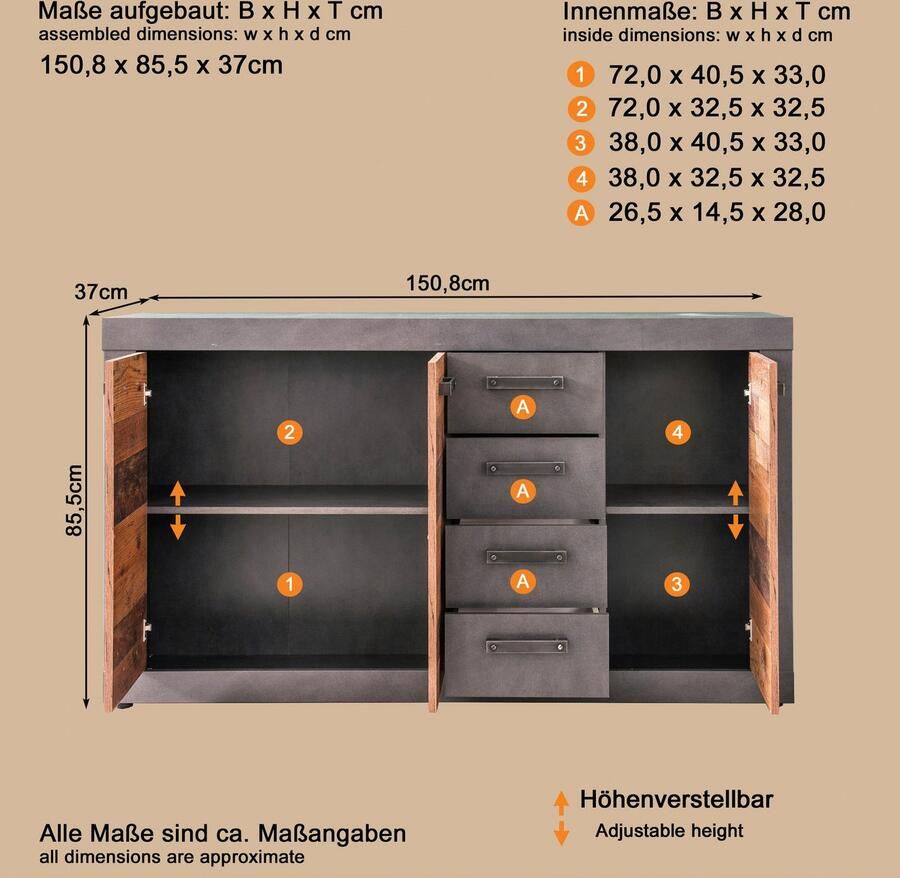 INOSIGN Kast Ilana Sideboard in moderne industriële stijl Met 4 lades en 4 vakken
