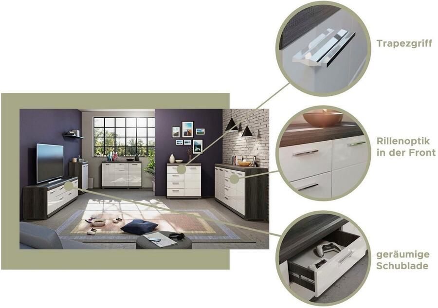 INOSIGN Kast Siena breedte 80 cm 1 deur 2 legplanken 3 vakken 4 lades Front-groeffreesing schoenenkommode schoenenkast buffetkast sideboard - Foto 2