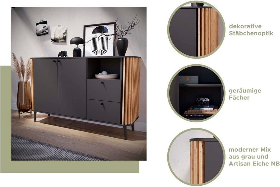 INOSIGN Dressoir Stavanger Breedte 138 cm Paneel-stokjes-uitstraling 2 Lades 2 Deuren (1 stuk) - Foto 8