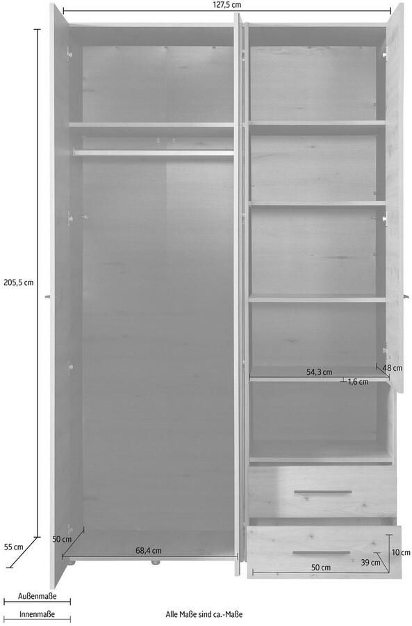 INOSIGN Kledingkast Leon FSC -gecertificeerd houtmateriaal met spiegel binneninrichting en 2 lades 127 5x55x205 5 cm - Foto 3
