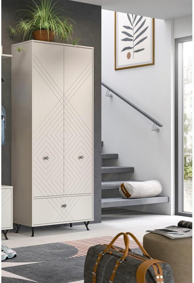 INOSIGN Kledingkast Mento Hoogte 190 cm 2 Deuren 1 Deurtje 4 Planken 6 Vakken Metalen knopgrepen & Y-voeten voorkant met ornamentfrezen kledingkast - Foto 3