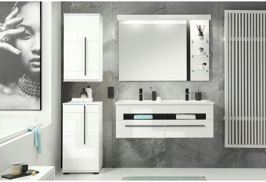 INOSIGN Badkamerserie Cantara badkamer in modern ontwerp 4-delig badkamer Waschtafel kast hangkast en spiegel in wit hoogglans (set 4-delig) - Foto 5