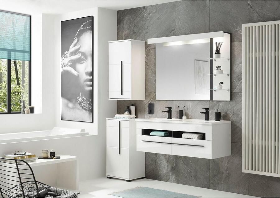 INOSIGN Badkamerserie Cantara badkamer in modern ontwerp 4-delig badkamer Waschtafel kast hangkast en spiegel in wit hoogglans (set 4-delig) - Foto 4