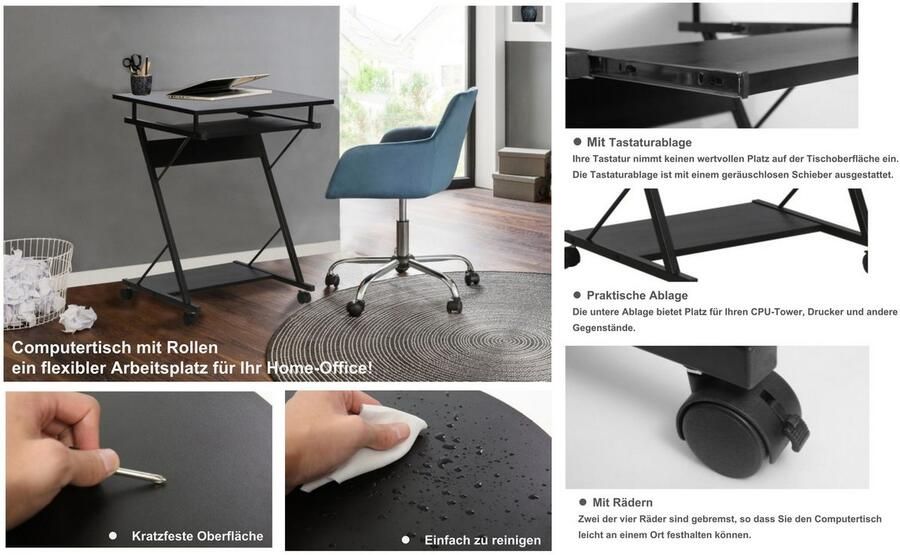 INOSIGN Pc-bureau ERVIE Rollende tafel Laptoptisch stabiel metalen frame met toetsenborduitrek 60x73 cm - Foto 11