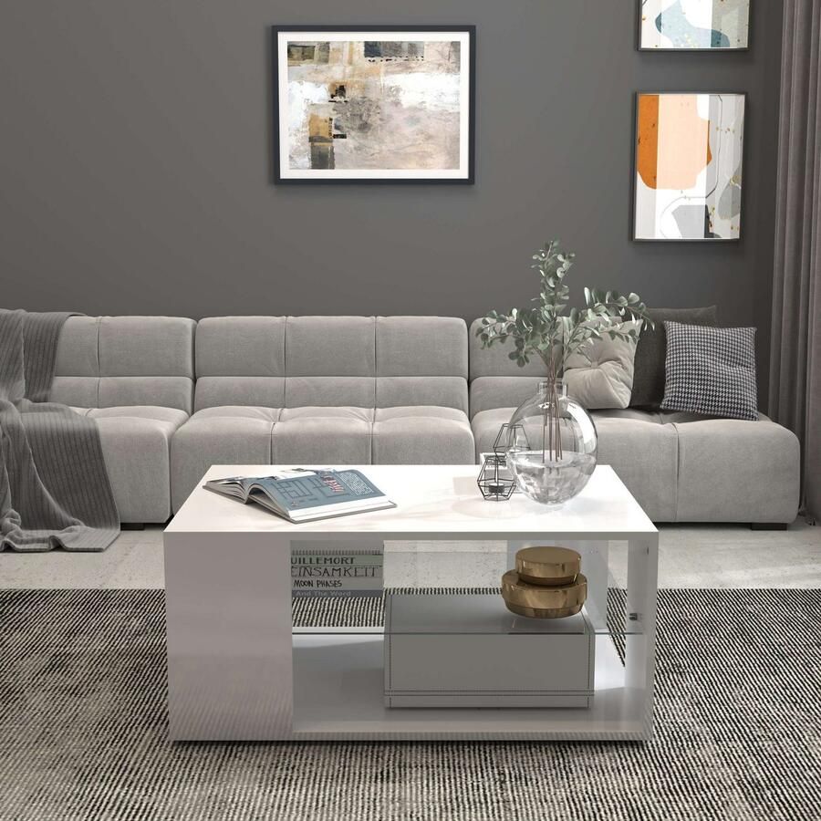 INOSIGN Salontafel Egypt salontafel Van glanzend wit gelakt hout met glazen plank rechthoekig breedte 90 cm (1 stuk) - Foto 5