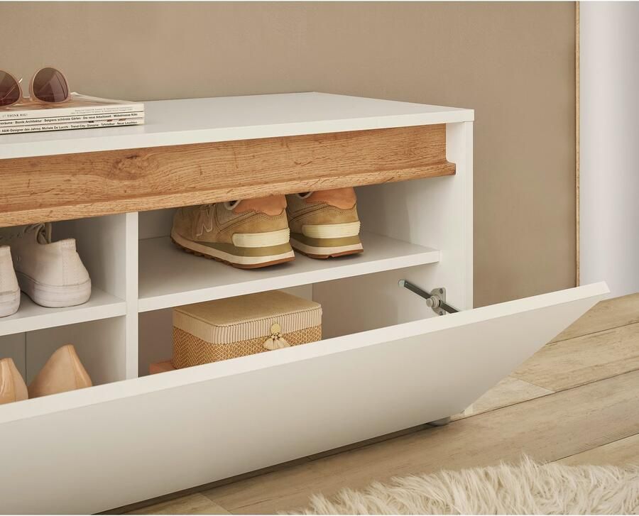 INOSIGN Schoenenbank GiRON CiTY Garderobebank met klep Zitbank in vier kleuren veel opbergruimte plaats voor ca. 8 paar schoenen 100 cm breed