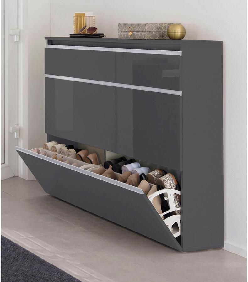 INOSIGN Schoenenkast Magic schoenenkast schoenencommode schoenenrek soft grip 3 kleppen dubbele schoenrollen volledig hoogglans gelakt breedte 120 - Foto 4