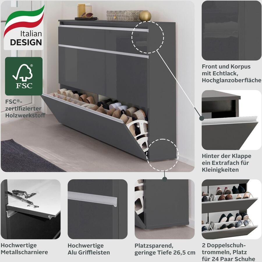 INOSIGN Schoenenkast Magic schoenenkast schoenencommode schoenenrek soft grip 3 kleppen dubbele schoenrollen volledig hoogglans gelakt breedte 120