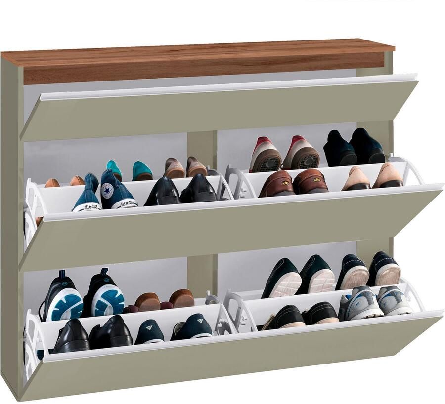 INOSIGN Schoenenkast Magic schoenenkast schoenencommode schoenenrek soft grip 3 kleppen dubbele schoenrollen volledig hoogglans gelakt breedte 120 - Foto 2