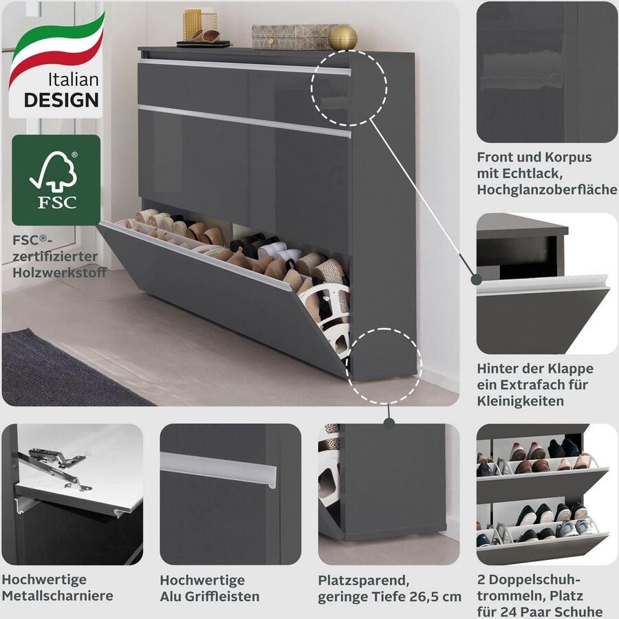 INOSIGN Schoenenkast Magic schoenenkast schoenencommode schoenenrek soft grip 3 kleppen dubbele schoenrollen volledig hoogglans gelakt breedte 120