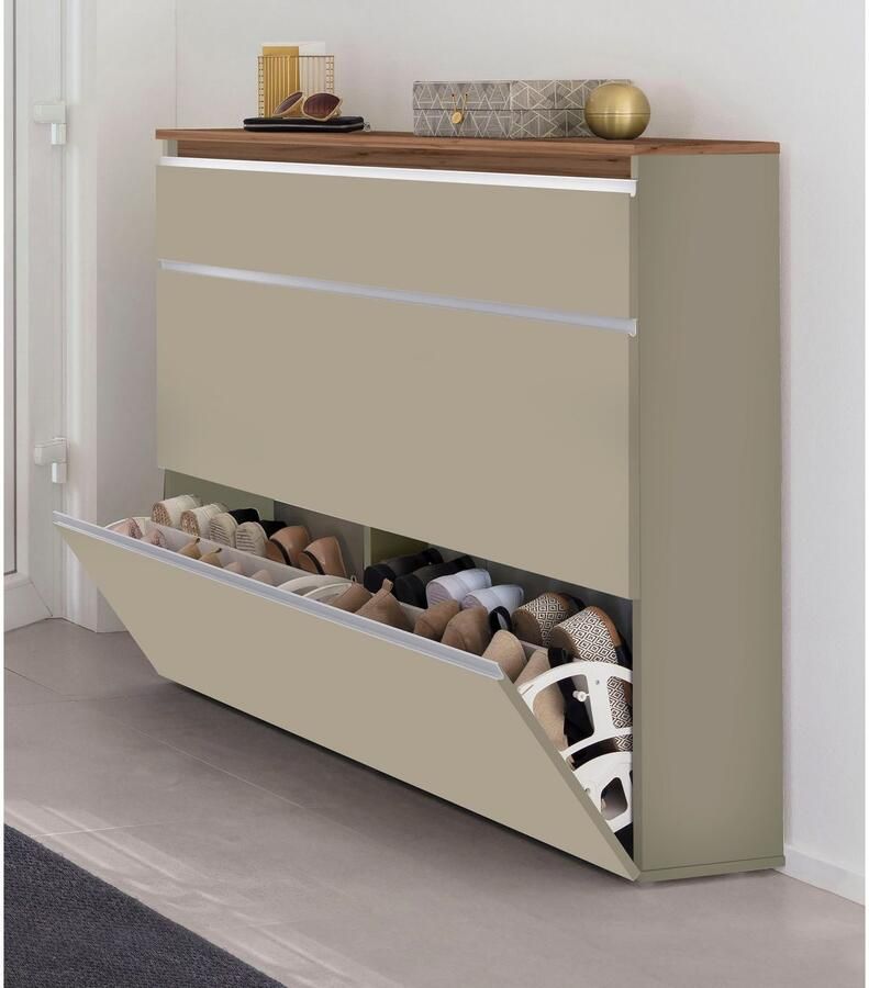 INOSIGN Schoenenkast Magic schoenenkast schoenencommode schoenenrek soft grip 3 kleppen dubbele schoenrollen volledig hoogglans gelakt breedte 120 - Foto 3