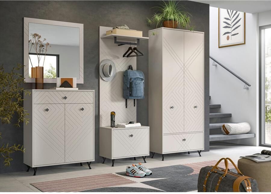 INOSIGN Schoenenkast Mento Breedte 80 cm 2 Deuren & 1 Lade met ornamentfrezing 3 inlegplanken 4 vakken metalen knopgrepen & y-voeten buffetkast kast - Foto 5