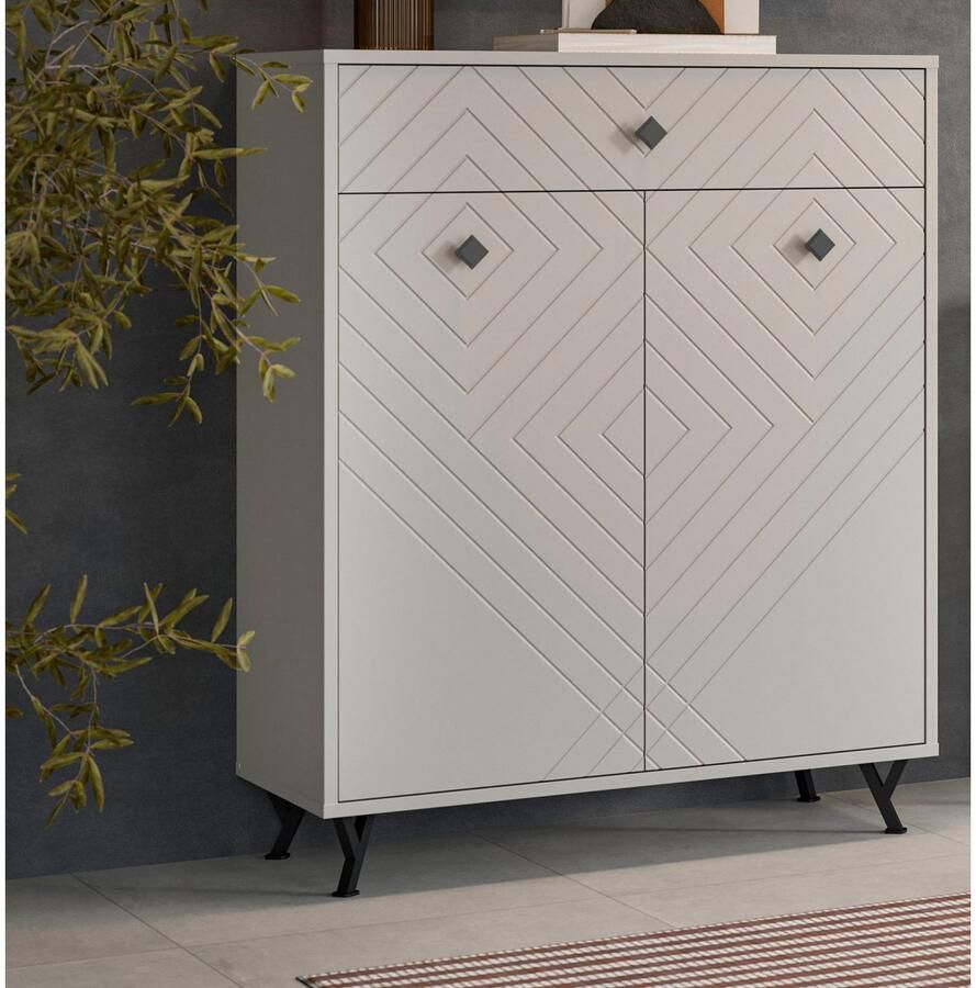 INOSIGN Schoenenkast Mento Breedte 80 cm 2 Deuren & 1 Lade met ornamentfrezing 3 inlegplanken 4 vakken metalen knopgrepen & y-voeten buffetkast kast