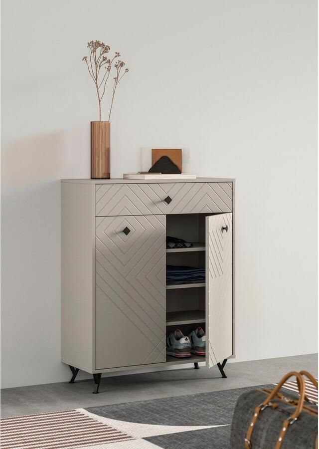 INOSIGN Schoenenkast Mento Breedte 80 cm 2 Deuren & 1 Lade met ornamentfrezing 3 inlegplanken 4 vakken metalen knopgrepen & y-voeten buffetkast kast - Foto 6