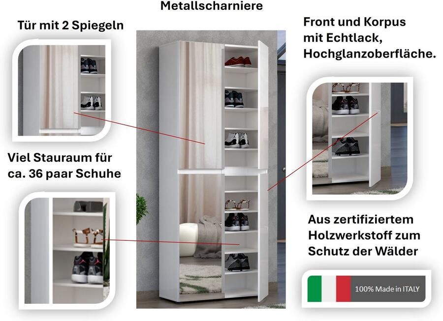 INOSIGN Schoenenkast Mister schoenenkast schoenenmeubelen schoenenopslag schoenenrek Breedte 80 cm hoogte 200 cm diepte 34 cm 4 deuren 12 vakken 2 spiegels - Foto 3