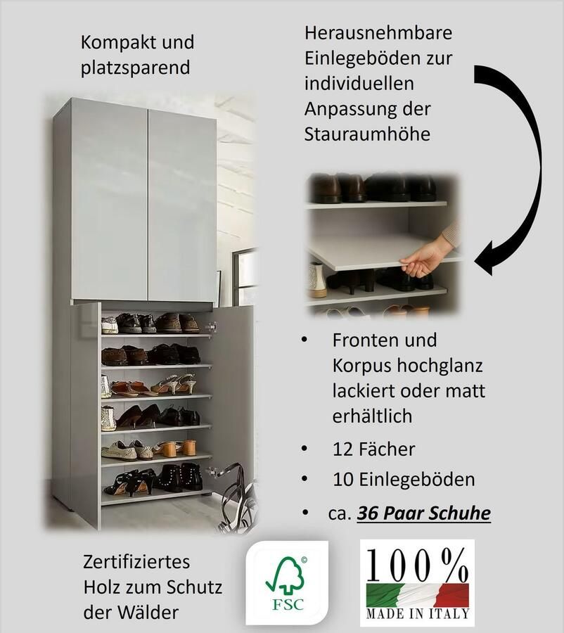 INOSIGN Schoenenkast MISTER- schoenenrek gemaakt in Italië 12 vakken 10 planken