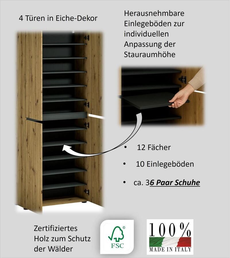 INOSIGN Schoenenkast MISTER- schoenenrek gemaakt in Italië 12 vakken 10 planken - Foto 3