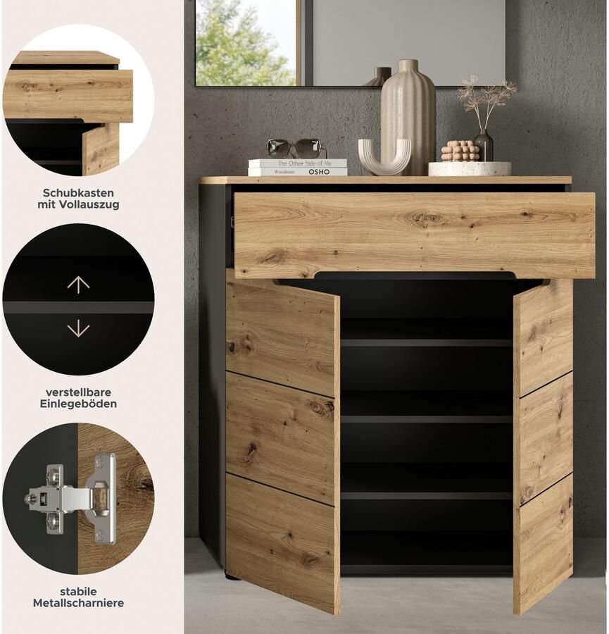 INOSIGN Schoenenkast Rehat Breedte 80cm Basaltgrijs Artisan Eik 2 deuren 1 lade - Foto 6