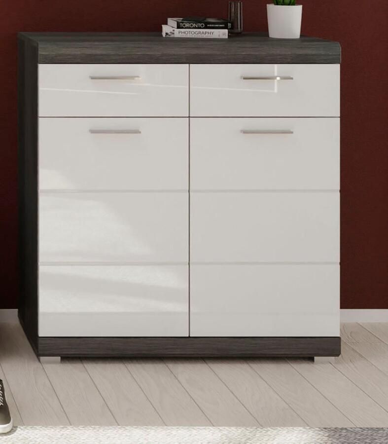INOSIGN Schoenenkast Siena Breedte 90 cm 2 Deuren 2 Planken 3 Vakken 2 Lades Front-groeffreesing schoenenkommode commode buffetkast sideboard (1 stuk)