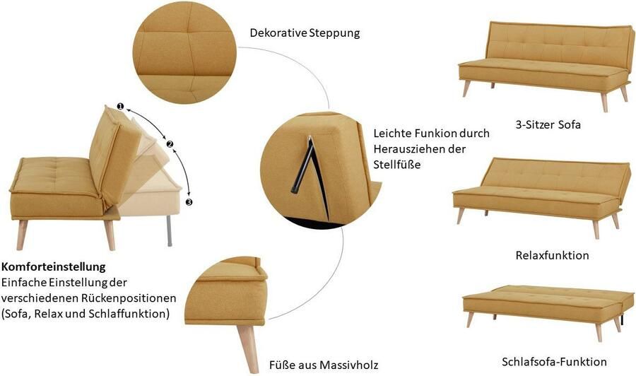 INOSIGN Slaapbank MENDOTA 181 cm 3-zits met slaapfunctie verstelbare rugleuning inklapmechanisme geweven stof - Foto 6