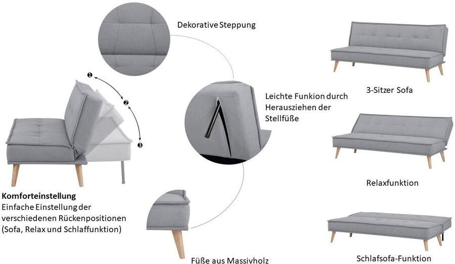 INOSIGN Slaapbank MENDOTA 181 cm 3-zits met slaapfunctie verstelbare rugleuning inklapmechanisme geweven stof - Foto 6