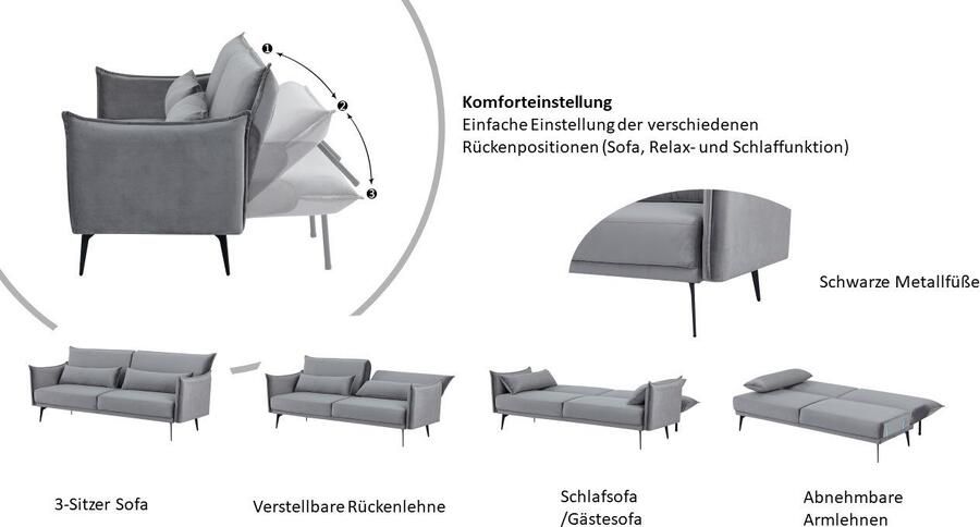 INOSIGN Slaapbank TULARE 204 cm opklapbare 3-zits met verstelbare rugleuning - Foto 4