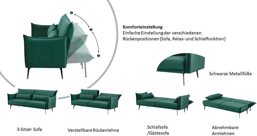 INOSIGN Slaapbank TULARE 204 cm opklapbare 3-zits met verstelbare rugleuning - Foto 4