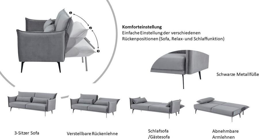 INOSIGN Slaapbank TULARE 204 cm opklapbare 3-zits met verstelbare rugleuning - Foto 5