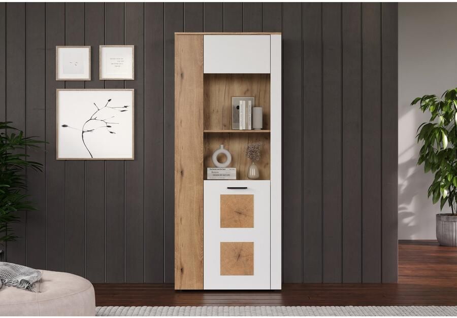 INOSIGN Staande vitrinekast Linz Woonkamer vitrine in wit eik met eindhout applicaties (1 stuk) - Foto 4