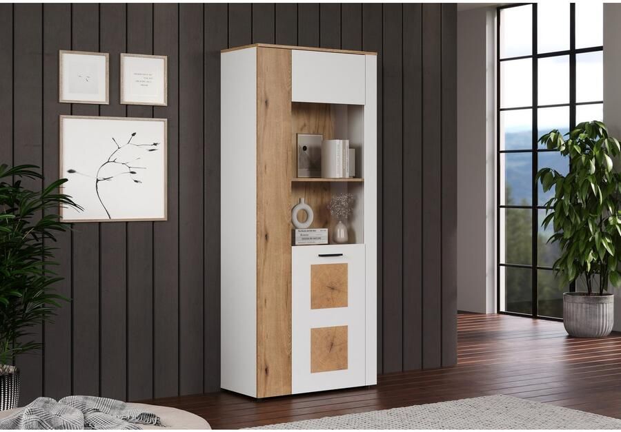 INOSIGN Staande vitrinekast Linz Woonkamer vitrine in wit eik met eindhout applicaties (1 stuk) - Foto 5