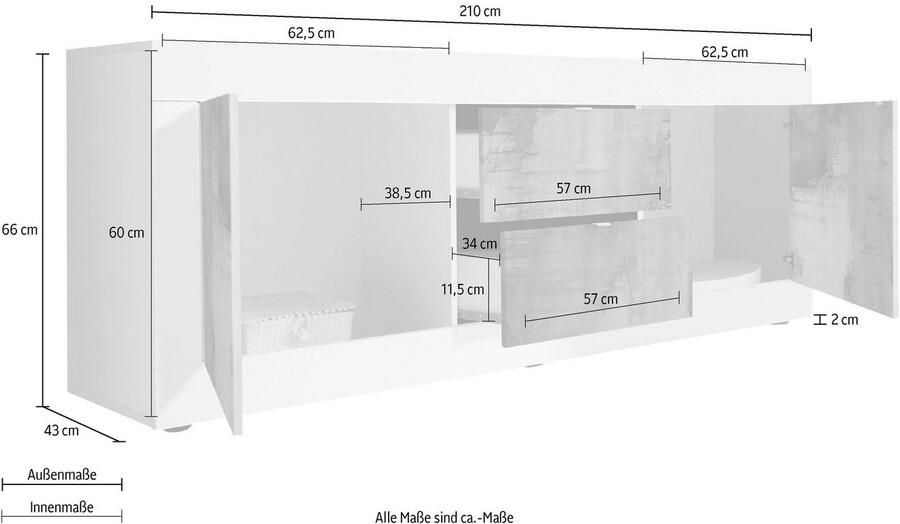 INOSIGN Tv-meubel Basis breedte 210 cm TV-meubel 2 deuren 2 lades TV-kast Metalen handgreep moderne frame-uitstraling veel opbergruimte kleurkeuze