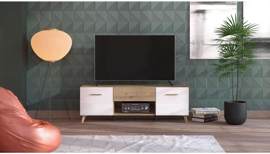 Tv-meubel met 2 deuren 1 lade en 1 nis van mdf Licht naturel en wit EZGI L 147.4 cm x H 48.9 cm x D 41.6 cm - Foto 3