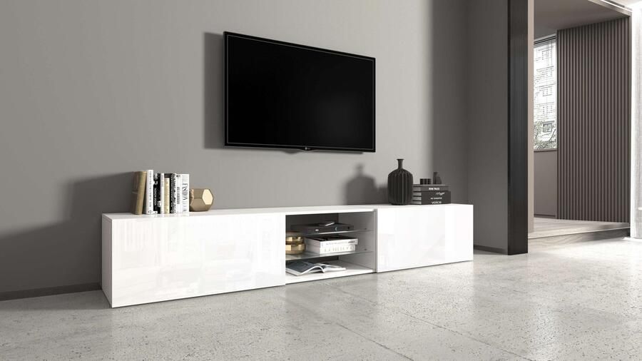 INOSIGN Tv-meubel Egypt Lowboard TV-ladekast TV-meubel TV-bank met 2 kleppen 2 glazen planken volledig hoogglans gelakt (b d h) 240x38x35 cm - Foto 18