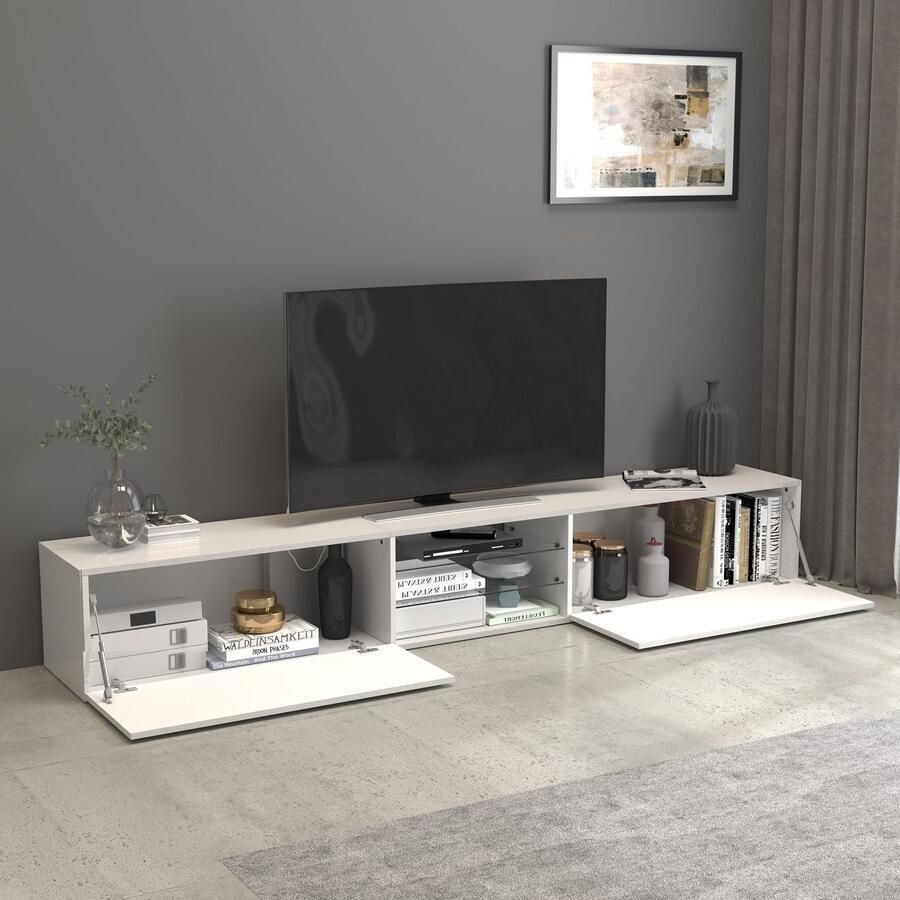 INOSIGN Tv-meubel Egypt Lowboard TV-ladekast TV-meubel TV-bank met 2 kleppen 2 glazen planken volledig hoogglans gelakt (b d h) 240x38x35 cm - Foto 2