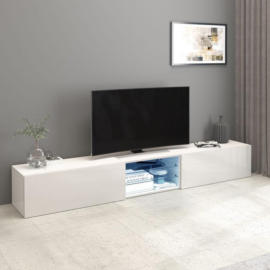 INOSIGN Tv-meubel Egypt Lowboard TV-ladekast TV-meubel TV-bank met 2 kleppen 2 glazen planken volledig hoogglans gelakt (b d h) 240x38x35 cm - Foto 3