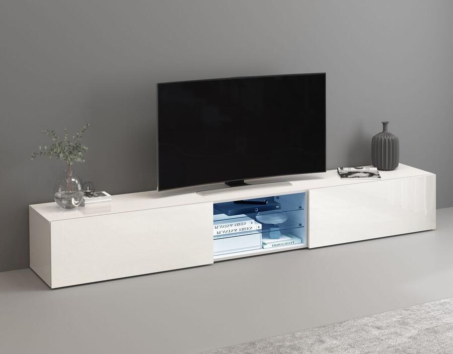 INOSIGN Tv-meubel Egypt Lowboard TV-ladekast TV-meubel TV-bank met 2 kleppen 2 glazen planken volledig hoogglans gelakt (b d h) 240x38x35 cm - Foto 8