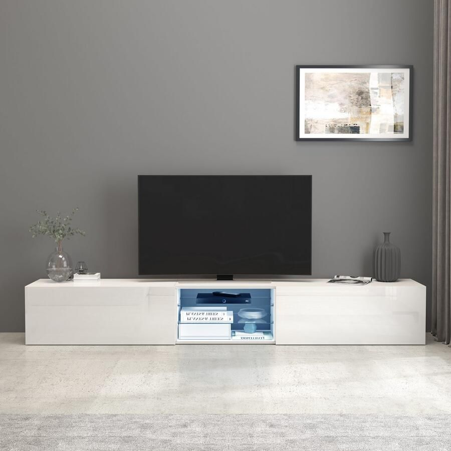INOSIGN Tv-meubel Egypt Lowboard TV-ladekast TV-meubel TV-bank met 2 kleppen 2 glazen planken volledig hoogglans gelakt (b d h) 240x38x35 cm - Foto 4