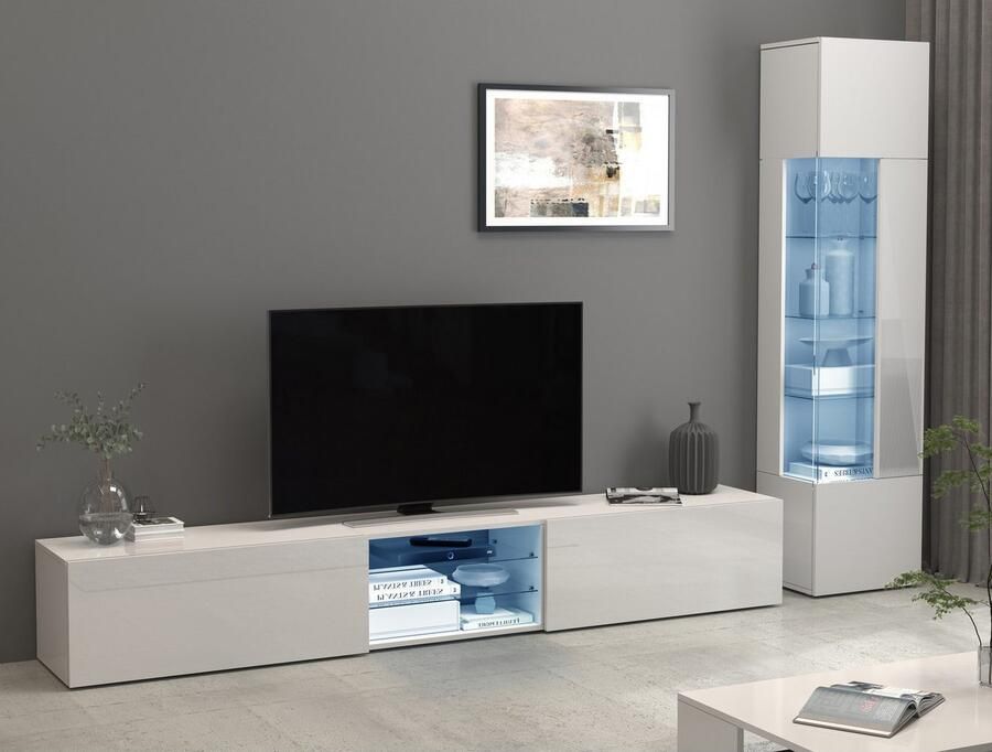 INOSIGN Tv-meubel Egypt Lowboard TV-ladekast TV-meubel TV-bank met 2 kleppen 2 glazen planken volledig hoogglans gelakt (b d h) 240x38x35 cm - Foto 9