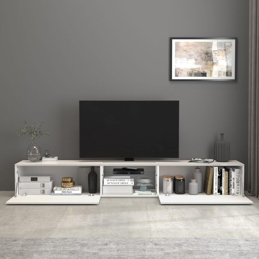 INOSIGN Tv-meubel Egypt Lowboard TV-ladekast TV-meubel TV-bank met 2 kleppen 2 glazen planken volledig hoogglans gelakt (b d h) 240x38x35 cm - Foto 5