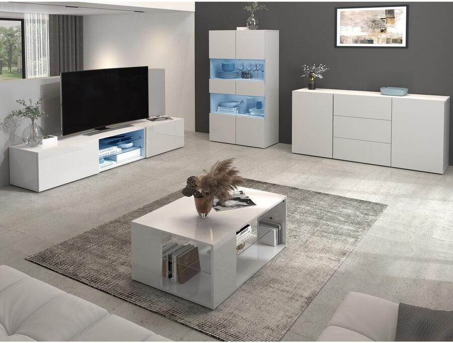 INOSIGN Tv-meubel Egypt Lowboard TV-ladekast TV-meubel TV-bank met 2 kleppen 2 glazen planken volledig hoogglans gelakt (b d h) 240x38x35 cm - Foto 10