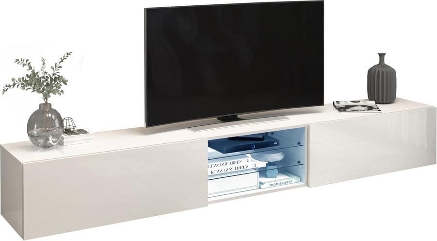 INOSIGN Tv-meubel Egypt Lowboard TV-ladekast TV-meubel TV-bank met 2 kleppen 2 glazen planken volledig hoogglans gelakt (b d h) 240x38x35 cm - Foto 12