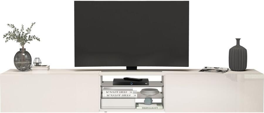 INOSIGN Tv-meubel Egypt Lowboard TV-ladekast TV-meubel TV-bank met 2 kleppen 2 glazen planken volledig hoogglans gelakt (b d h) 240x38x35 cm - Foto 15