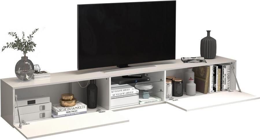 INOSIGN Tv-meubel Egypt Lowboard TV-ladekast TV-meubel TV-bank met 2 kleppen 2 glazen planken volledig hoogglans gelakt (b d h) 240x38x35 cm - Foto 13