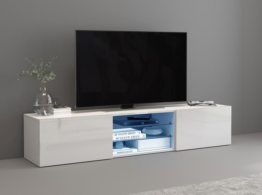 INOSIGN Tv-meubel Egypt Lowboard TV-ladekast TV-meubel TV-bank met 2 kleppen 2 glazen leggers deuren hoogglans gelakt (b d h)180x38x35 cm