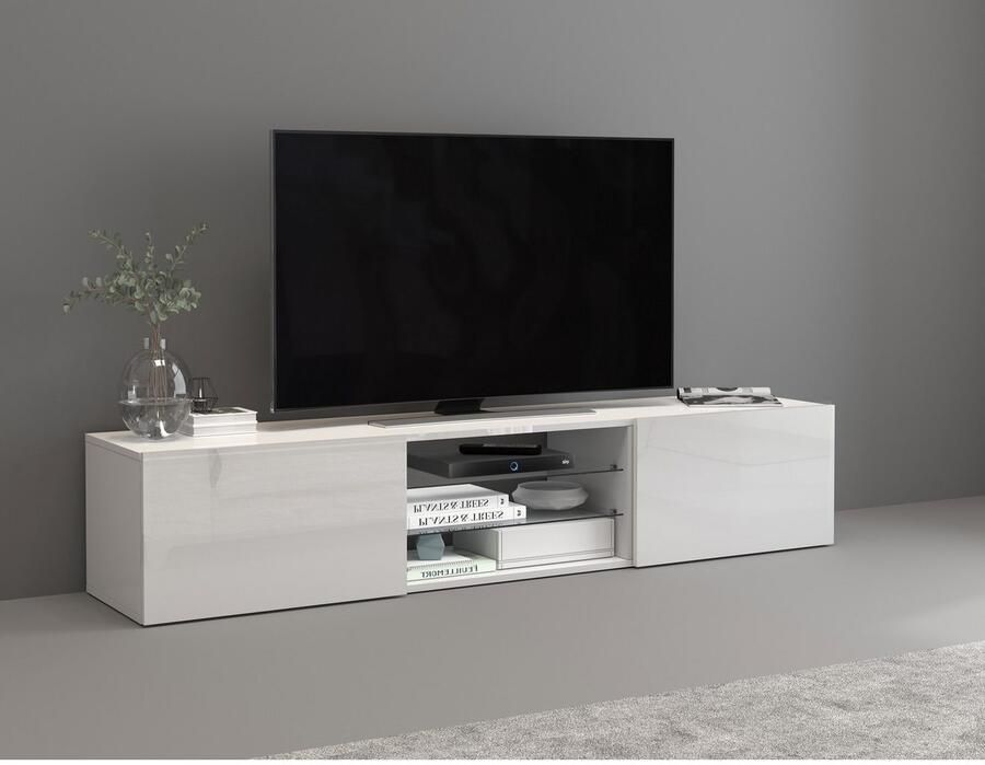 INOSIGN Tv-meubel Egypt Lowboard TV-ladekast TV-meubel TV-bank met 2 kleppen 2 glazen planken volledig hoogglans gelakt (b d h) 180x38x35 cm - Foto 8