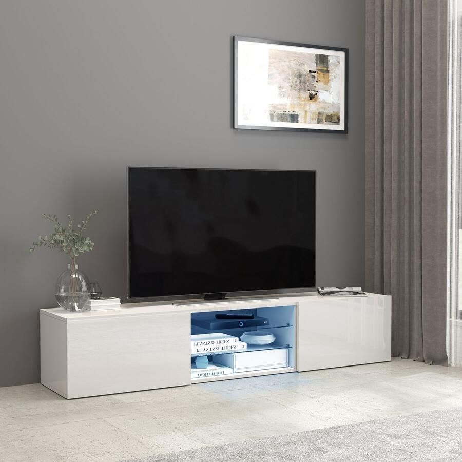 INOSIGN Tv-meubel Egypt Lowboard TV-ladekast TV-meubel TV-bank met 2 kleppen 2 glazen planken volledig hoogglans gelakt (b d h) 180x38x35 cm - Foto 2